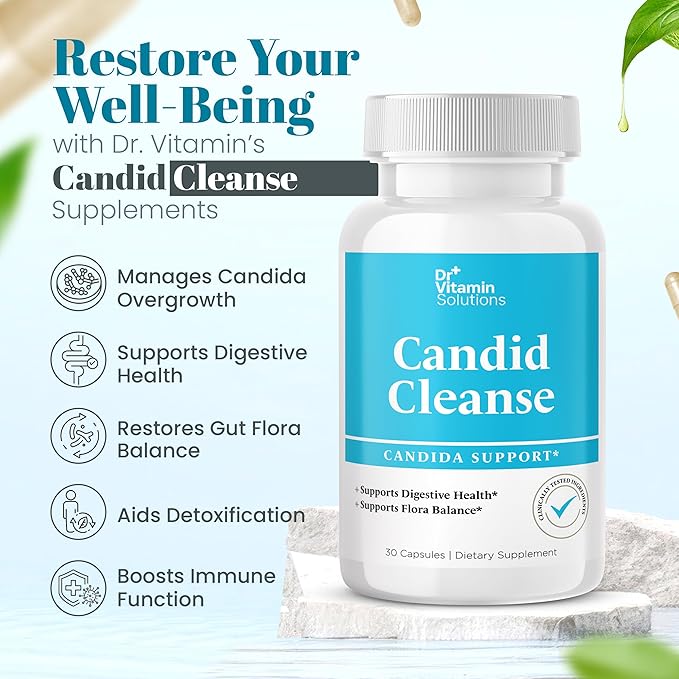 DR VITAMIN SOLUTIONS Candid Cleanse Supplement with GLP-1 Support - Oregano Leaf, Caprylic Acid & LactoSpore | Candida Support Pills for Digestive Health | Candida Cleanse Detox for Women & Men | 30