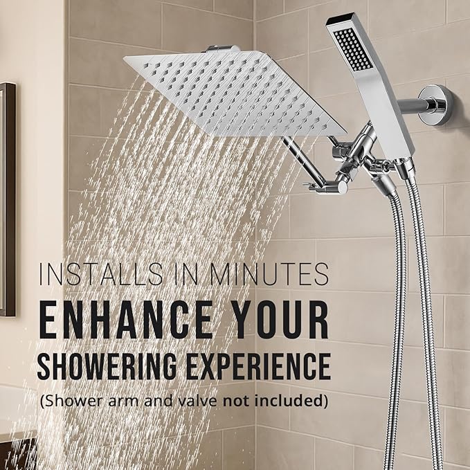 G-Promise All Metal 10" Dual Square Shower Head Combo | Rain Shower Head | Handheld Shower Wand | Adjustable | Smooth 3-Way Diverter | 71" Extra Long Hose - A Bathroom Upgrade (Chrome)