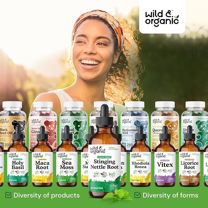 Wild & Organic Stinging Nettle Tincture - Stinging Nettle Root Extract Drops for Men & Women - Liquid Urtica Dioica Supplement - Vegan, Sugar & Alcohol-Free - 4 fl oz