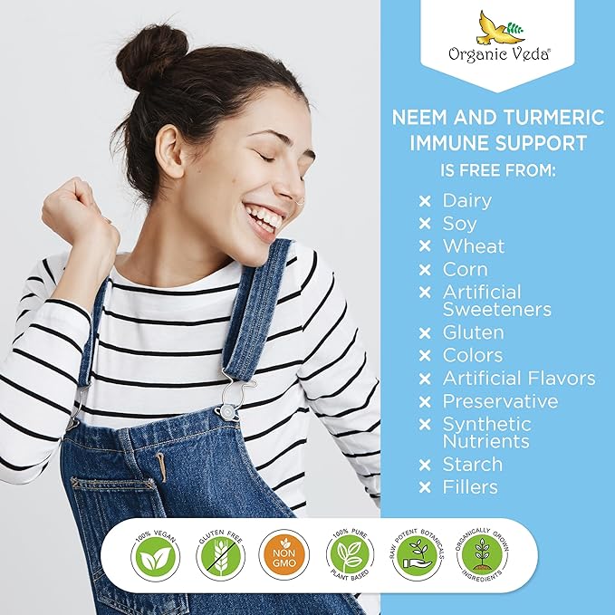 Organic Veda Neem & Turmeric Capsules with Amla Fruit, Tulsi, Holy Basil, Black Pepper Extract - Immune Support Dietary Supplement - Boosts Healthy Clear Skin & Cellular Defense - 120 Vegan Capsules