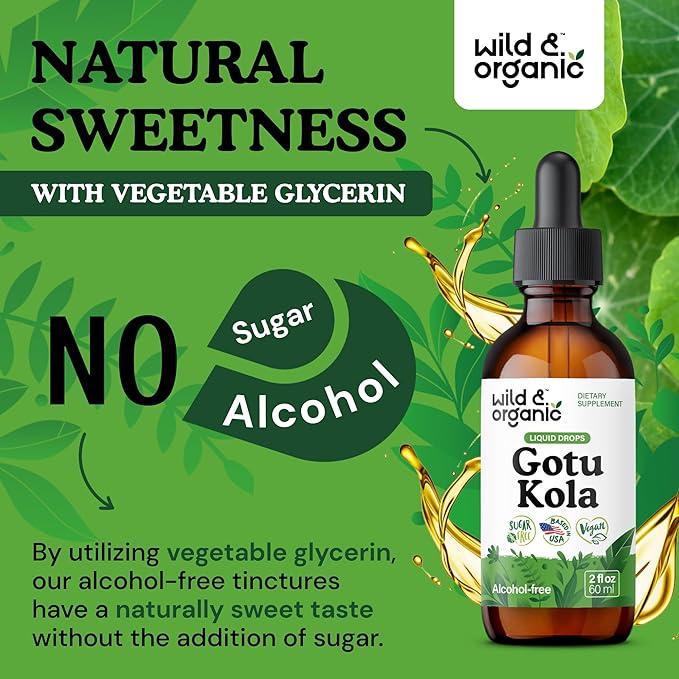 Wild & Organic Gotu Kola Herb Tincture - Brain Support - Gotu Kola Liquid Extract Drops - Vegan, Sugar & Alcohol-Free Centella Asiatica Supplement - 2 fl oz