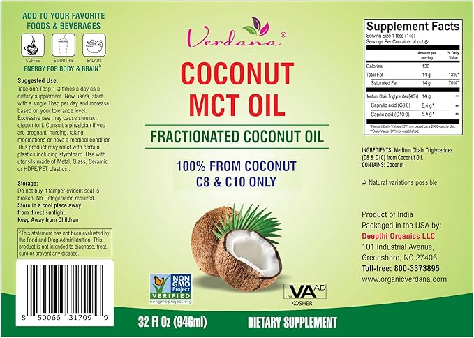 Verdana MCT Oil – 32 Fl Oz Dietary Supplement – 100% Coconut Derived, Fractionated, Food Grade – for Oil Pulling, Keto Coffee, Oral Rinse, Massage & Aromatherapy – Vegan, Non-GMO, Kosher