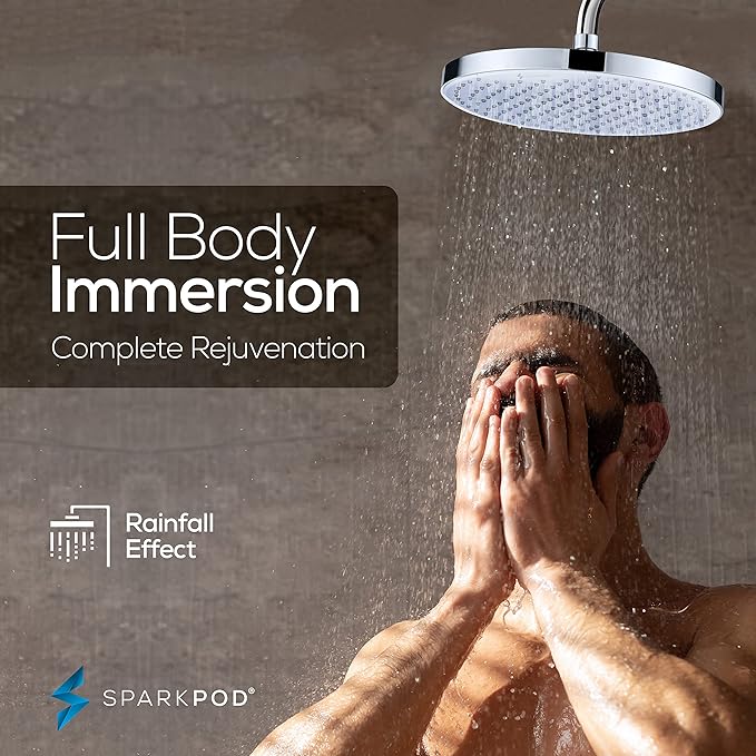 SparkPod 10 Inch Round Rain Shower Head - Ceiling or Wall Mount Rainfall Shower Head - Large Coverage Showerhead - Brass Ball Joint with 360° Adjustment - 1-Min Install (Chrome and White)
