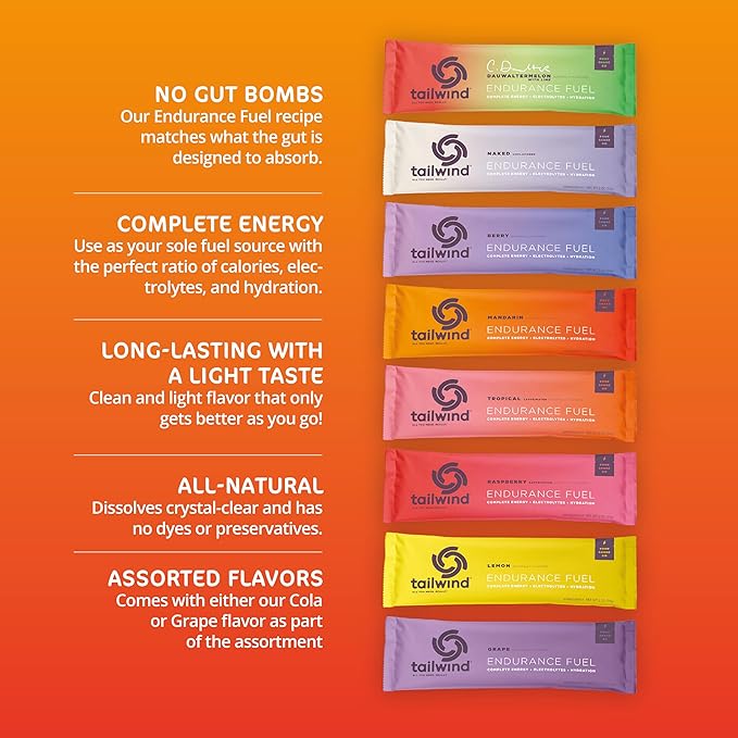 Tailwind Grab-and-Go Endurance Fuel Single Serve Assorted Flavors (Pack of 8) - Hydration Drink Mix with Electrolytes, Carbohydrates - Non-GMO, Gluten-Free, Vegan, No Soy or Dairy