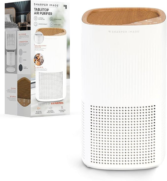 Sharper Image® Tabletop Air Purifier – 2 HEPA Filters & 13 Aromatherapy Pads| Quiet 3-Stage Filtration| 5 Air Changes Per Hour| Remove Dust Allergens Pollen Smoke Pet Fur| Home Office Odor Eliminator