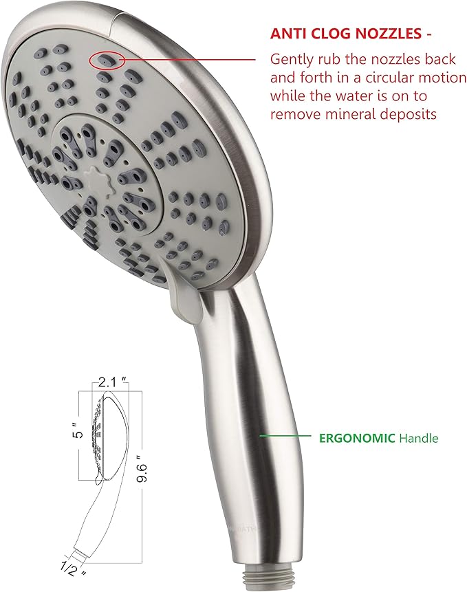5-Inch Anti-Clog High Pressure LARGE Dual Shower Head with Handheld Spray - 5 Unique Spray Modes/BRASS CONNECTOR/5 Ft Stainless Steel Hose/Spot Resist Brushed Nickel
