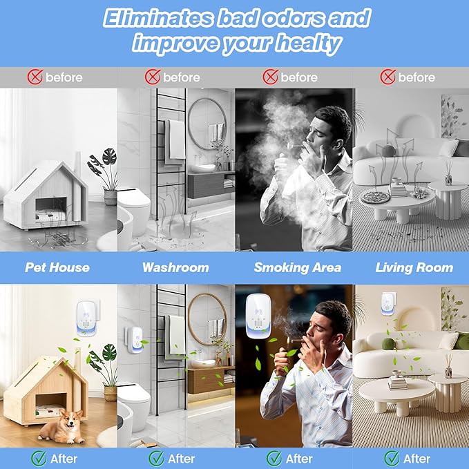 Ozone Odor Eliminator, 99% Odor Eliminator for Strong Pet Odors, Cat Litter Deodorizer, Dog Poof Odor Removal Air Ionizers Plug In Negative Ion Air Purifier for Litter Box, Home, Kitchen, Bathroom