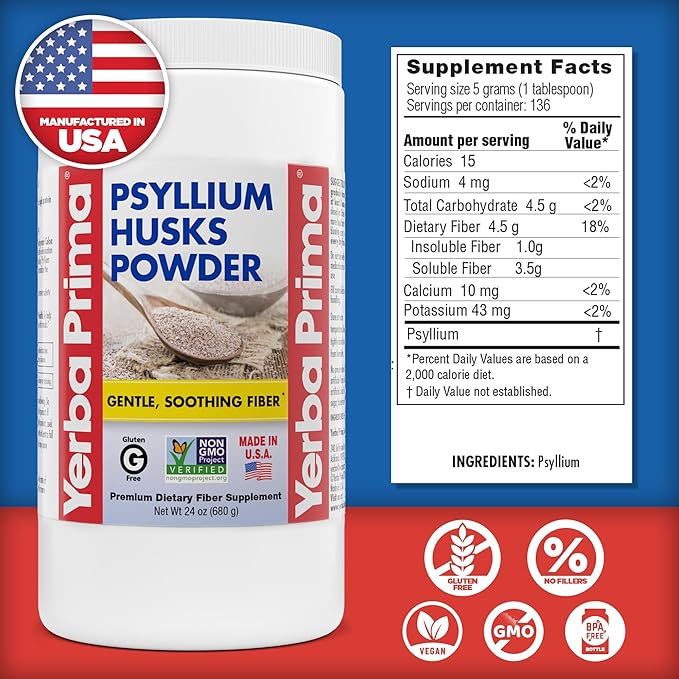 Yerba Prima Psyllium Husk Powder - 24 oz - Fine Ground, Unflavored, Sugar Free - Natural Fiber Supplement - Also for Baking - Contains Both Soluble & Insoluble Bulk for Regularity Support