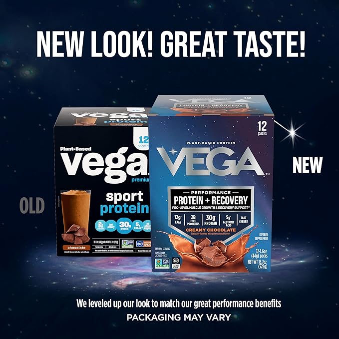 Vega Protein + Recovery - 30g Plant-Based Protein per Serving, Chocolate, 12 x 1.6oz Sachets, 5g BCAAs, Probiotics, NSF Certified, For Shakes & Smoothies, (Packaging May Vary)