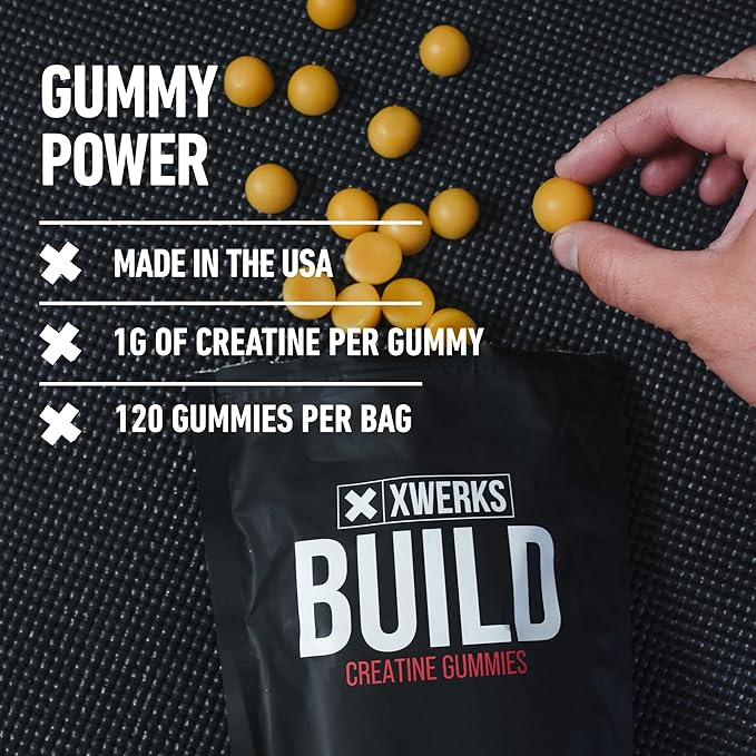 Xwerks Build Creatine Gummies for Men and Women, 120 Count, 100% Pure Creatine Monohydrate, Lemon Flavored Muscle Building Gummies 4g Per Serving, Pre Workout Anti Melting, 5000mg Total Creatine