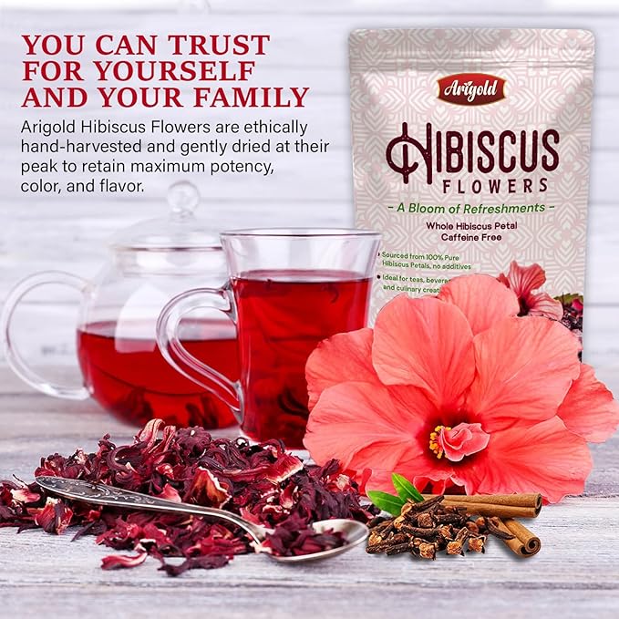 Arigold Pure Whole Petals Hibiscus Tea 1lb – Organic Dried Hibiscus Flowers,Flor de Jamaica, Hibiscus Sabdariffa, Bissap, Sorrel, hibiscus tea loose leaf Herbal Tea for Agua Fresca, Cocktails, Iced Tea & Hot Tea | Caffeine-Free & Rich in Antioxidants.