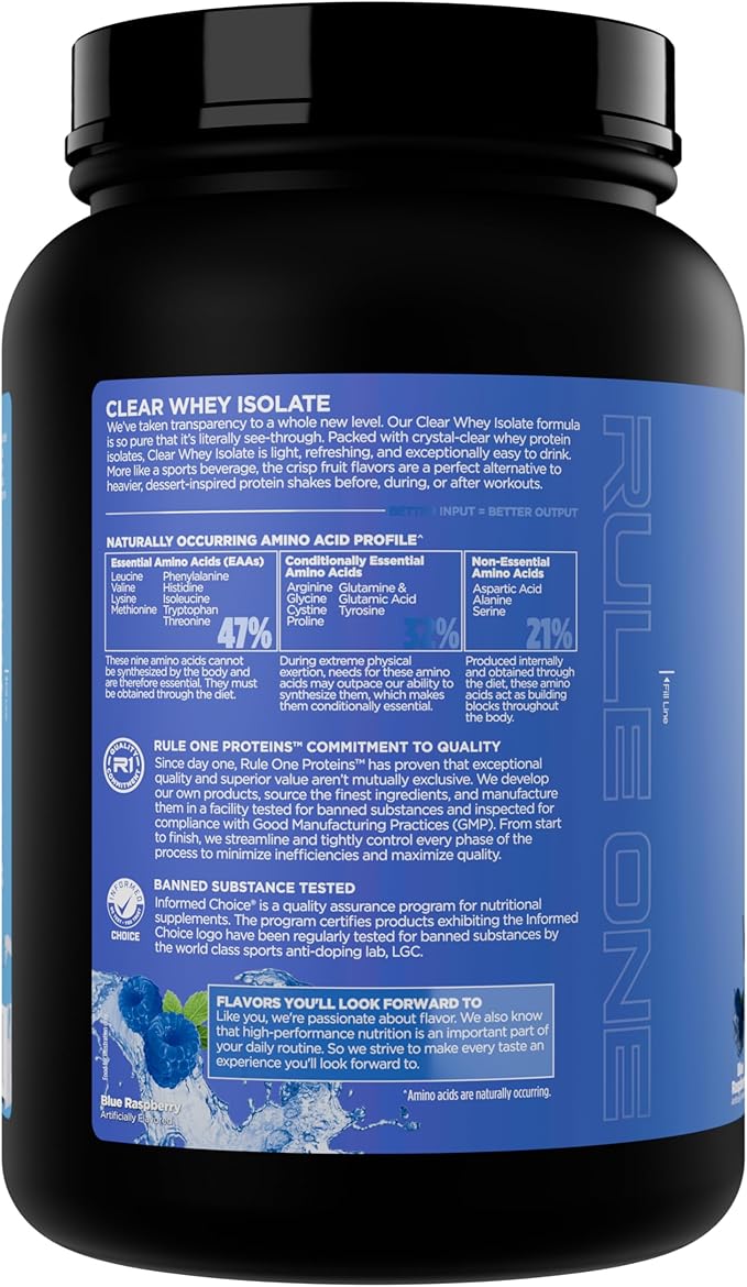 Rule 1 Clear Whey Isolate - 20g All-whey Isolate Protein, Over 9g EAAs, 300mg of Electrolyte Minerals, 90 Calories, Light, Crisp, and Refreshing Taste (27 Servings, Blue Raspberry)