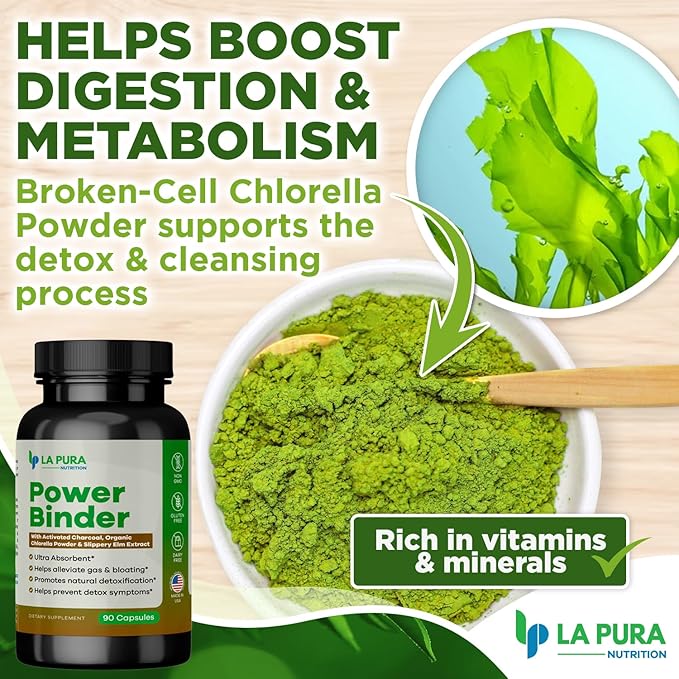 LaPura Power Binder Blend – Detox & Cleanse with Activated Charcoal, Organic Chlorella Powder & Slippery Elm Extract – Helps Alleviate Gas & Bloating – Promotes Natural Detoxification - 90 Capsules