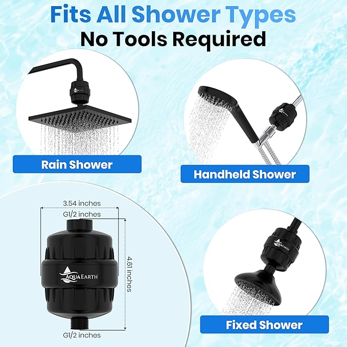 Aqua Earth Shower Head Filter For Hard Water 20 Stages to Remove Chlorine Fluoride Water Softener Coconut Shell Activated Carbon Reduces Dry Itchy Skin Heavy Metals Other Sediments Vitamin C Black