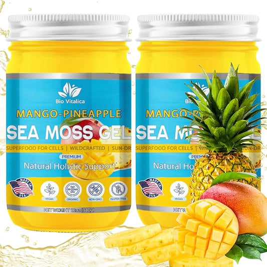 Sea Moss Gel by BioVitalica - Irish sea Moss raw Organic - Premium Quality - Dr Sebi, Vegan superfood for Cells - 100% Natural Seamoss Gel - (Pack of 2, Mango-Pineapple)
