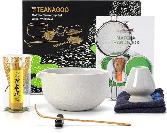 TEANAGOO Matcha Whisk Set,7 Pcs Matcha Set Lt.Grey,Matcha Kit for Ceremony,Matcha Tea Set for Making Breakfast/Latte,Matcha Whisk Set and Bowl with All Accessories,Gift for Matcha Lover/Friend/Family