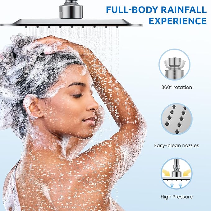 8" Dual Shower Head Combo, Rainfall Shower Head with Handheld, 6 Spray Settings Angle Adjustable Handheld Shower Head with Pause, Height Adjustable, Chrome Silver