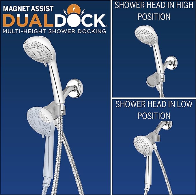 Waterpik Magnetic Dual Dock Adjustable Height Hand Held Shower Head With 5-Foot Metal Hose and PowerPulse Shower Massage, Chrome QMK-753ME