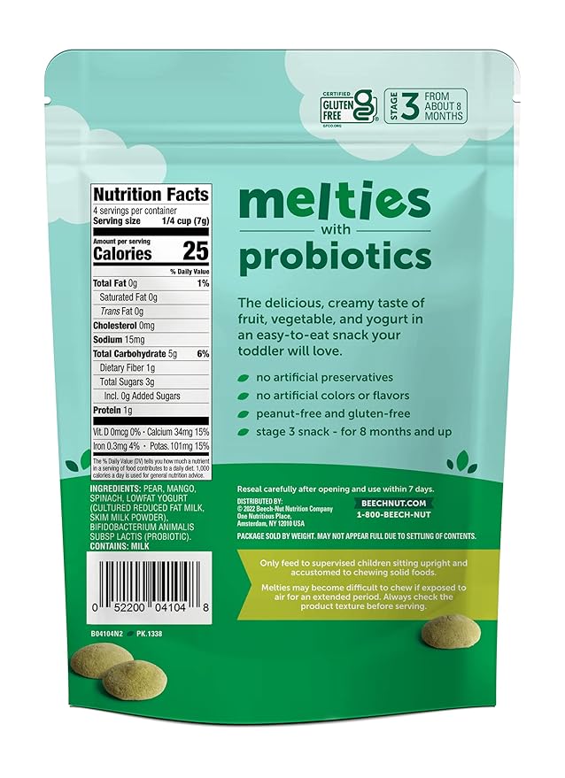 Beech-Nut Probiotic Melties Baby & Toddler Snack Melts, Pear Mango Spinach Yogurt, 1 oz (7 Pack)