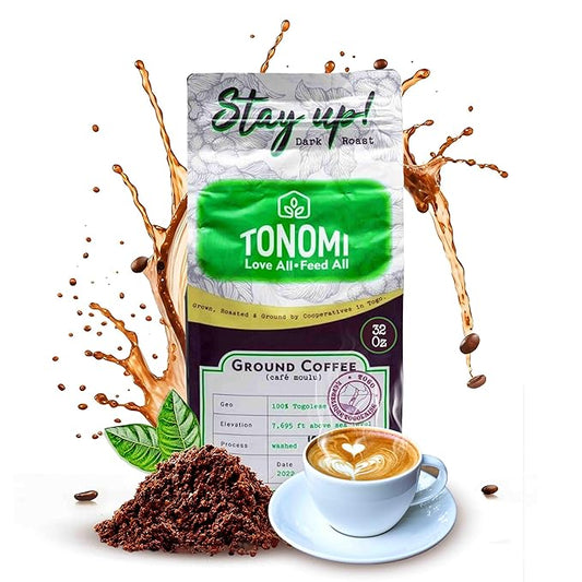 Tonomi Stay Up! Dark Roast Ground Coffee - All Natural Blend with Hint of Vanilla, Chocolate & Caramel - Coarse Grounds for Cold Brew or Traditional Brewing - Caffeine Packed, 32oz