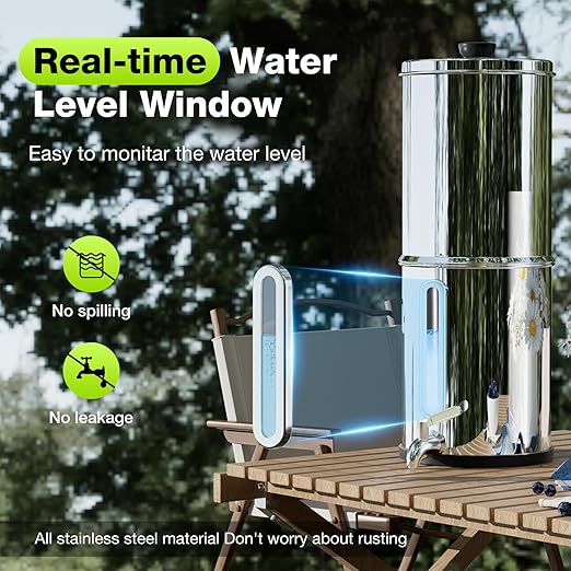 Purewell 1.0 Gallon Portable Gravity Water Filter System, 4-Stage 0.01μm Ultra-Filtration Countertop System with Water Level Window and Stand, Reduce Fluoride & Chlorine, for Camping, RVing (PW-1G-KF)