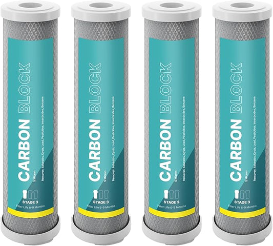 NU Aqua Reverse Osmosis Carbon Block Filter 10 Inch Replacement - 5 Micron Universal RO Water Filtration System Cartridge - 4 Pack of Premium Filters