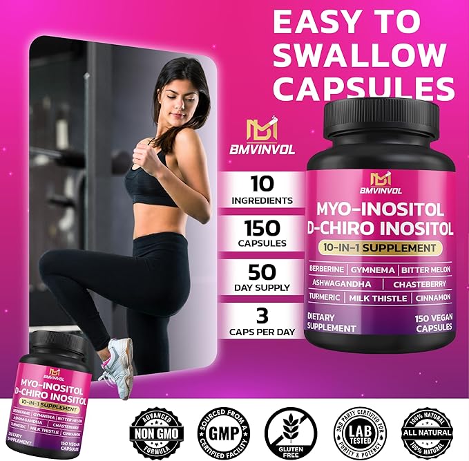 BMVINVOL Inositol Supplement - Myo-Inositol and D-Chiro Inositol Ideal 40:1 Ratio - Plus Berberine, Cinnamon, Ashwagandha + 5 More - 150 Capsules