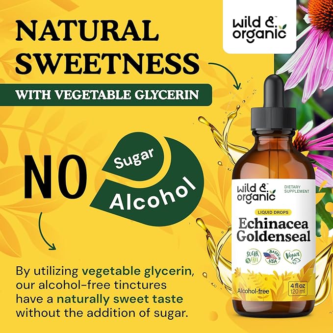 Wild & Organic Echinacea Goldenseal Tincture - Immune Support Drops with Echinacea and Goldenseal Root Extract - Vegan, Sugar & Alcohol-Free Liquid Supplement - 4 fl oz