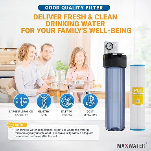 20 x 4.5 Whole House 1 Stage PP Pleated Sediment Filter System w/ 1" NPTF Port Housing Head Includes 10 Micron Pleated Sediment filter, Gauge & Bracket BB-20B WH100SP WDS150K CB1-CAB20-BB DB20P