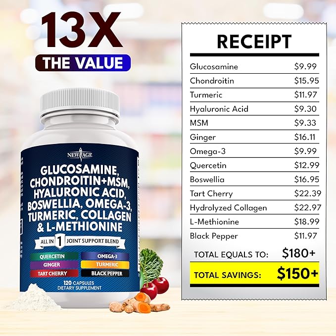 Glucosamine Chondroitin, MSM, Turmeric Curcumin, Collagen, Hyaluronic Acid, Omega 3 – Health Supplement for Men & Women – 360 Count