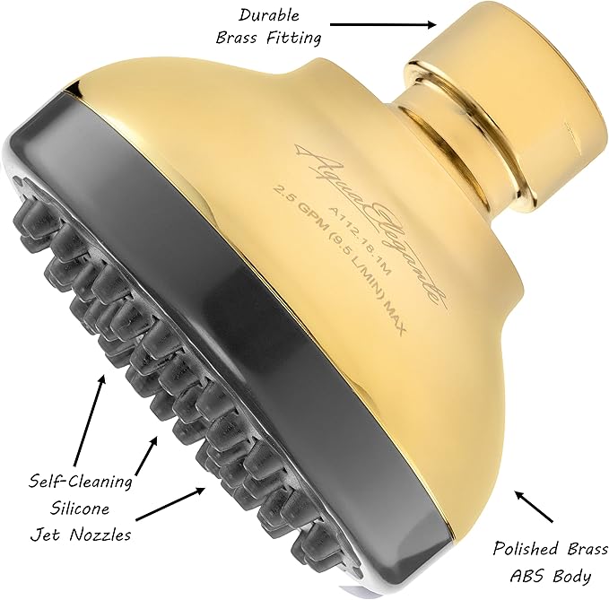 Pressure Boosting Shower Head - High Pressure Water Saver Showerhead Best For Low Flow Showers, 2.5 GPM - Polished Brass