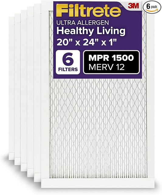 Filtrete 20x24x1 AC Furnace Air Filter, MERV 12, MPR 1500, CERTIFIED asthma & allergy friendly, 3 Month Pleated 1-Inch Electrostatic Air Cleaning Filter, 6-Pack (Actual Size 19.81x23.81x0.78 in)