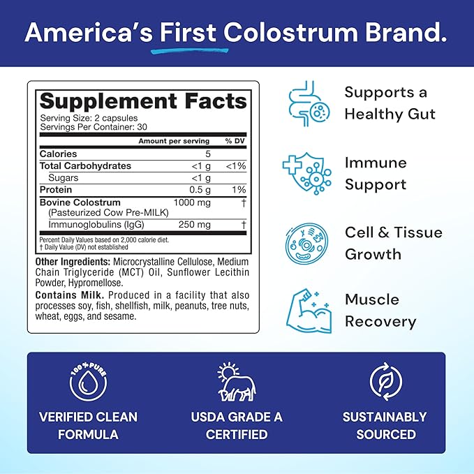 Symbiotics Colostrum 60ct Vegetable Capsules - Immunity Support - Lactoferrin Supplement & Colostrum Protein with Immunoglobulin - 25% lgG Antibodies - Gluten Free