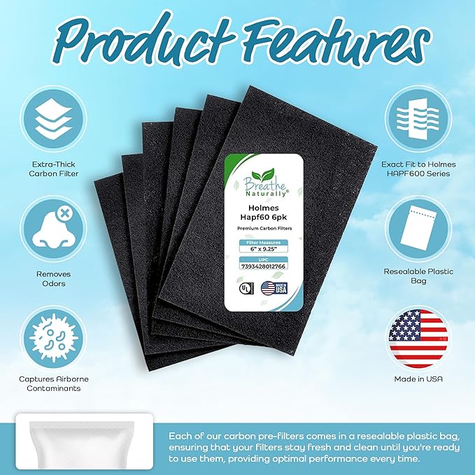 Breathe Naturally - Hapf600 HEPA Carbon Filter Replacement for Holmes Air Purifiers - High Efficiency Carbon Air Cleaner Filters - Compatible with Holmes HAPF600 Series - (6 Pack Carbon Filter C)