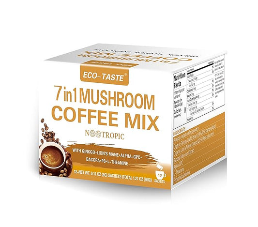 Mushroom Coffee Mix 7 in 1, with Ginkgo, Lions Mane, Alpha-GPC, Bacopa, PS, L-Theanine – 12 Sachets