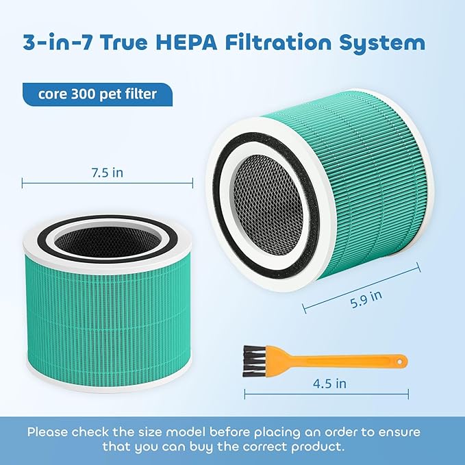 Core 300 Replacement Filter for LEVOIT Core 300 Core300-P Core 300S Core 300S/P VortexAir Air Purifier, Core 300-RF, 3-in-1 H13 Grate True HEPA Activated Carbon, 2 Pack, Green,Core 300-P