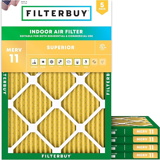 Filterbuy 20x24x1 Air Filter MERV 11 (MPR 1200) Allergen Defense Replacement (5-Pack), Electrostatic Pleated HVAC AC Furnace Filters, Made in USA (Actual Size: 19.38 x 23.38 x 0.75)