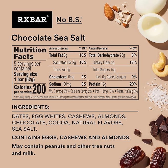 RXBAR Protein Bars, 12g Protein, Gluten Free Snacks, Chocolate Sea Salt (6 Boxes, 30 Bars)