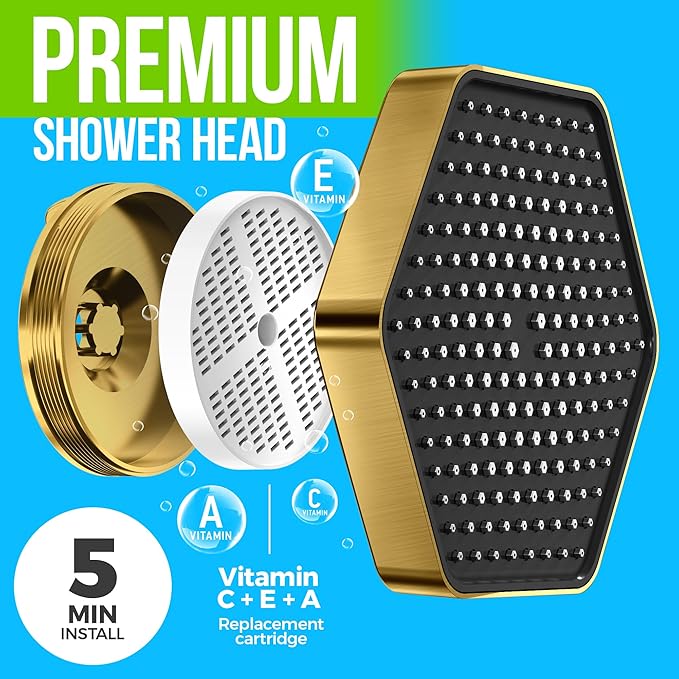 AquaHomeGroup Luxury Filtered Shower Head Set - 20 Stage Shower Filter for Hard Water, Chlorine, Fluoride, Heavy Metals - Water Filter Shower Head with Vitamin C E A Patent Pending (Golden)