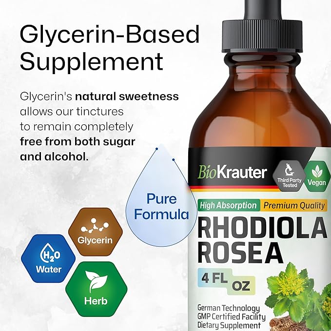 BIO KRAUTER Rhodiola Supplement Liquid - Pure Rhodiola Rosea Tincture for Calmness Support - Alcohol & Sugar Free Extract - 4 Fl.Oz.