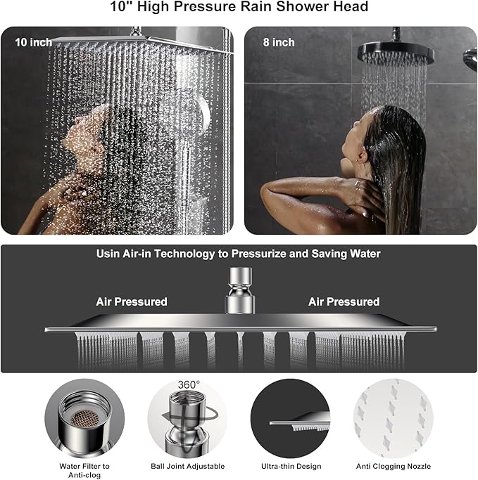 Shower Head with Handheld Combo 10" Chrome High Pressure Rain Shower Head 11" Adjustable Extension Arm and 5 Settings Adjustable SUS 304 Handheld Showers with 59" Hose, 2-in-1 Shower Holder