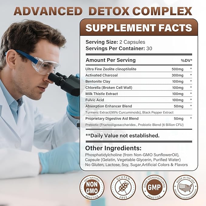 Zeolite Detox Capsules, 1-2 µm Clinoptilolite, Organic Activated Charcoal & Bentonite Clay, Multi-Active Formula for Full Body, Gut & Liver Cleanse, Supplement for Men & Women, 60 Capsules