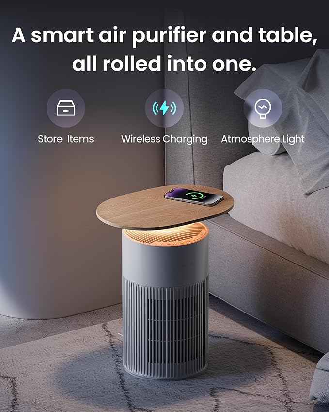 SwitchBot 4 in 1 Air Purifiers Table with Matter, Up to 3620 ft², H13 HEPA Pet Filter, Wireless Charging, Washable Pre-filter, 10 RGB Colors, Work with Apple Home, Alexa, GoogleHome, HomeAssistant