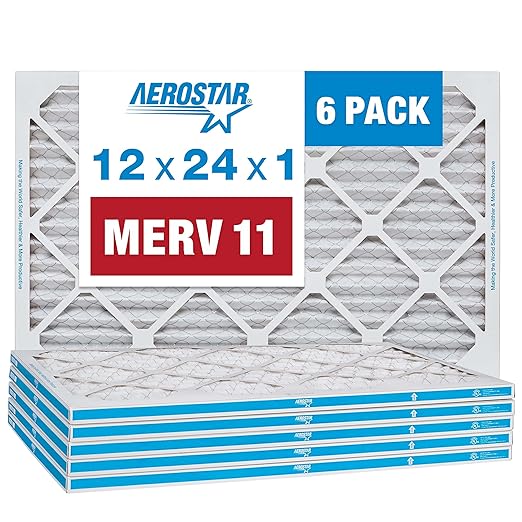 Aerostar 12x24x1 MERV 11 - 6 Count - Pleated HVAC, Furnace & Air Conditioner Filters - Removes Dust, Cold & Flu Germs, Lint, Mold, Pet Dander, Allergy-Causing Pollen, Smog & Smoke