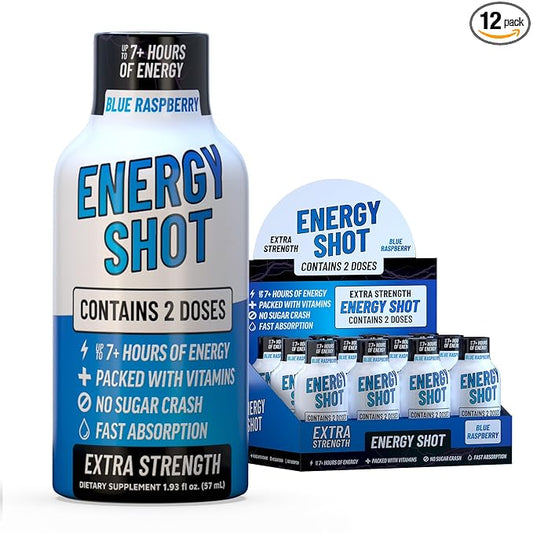Energy Shot – 2 Servings – 100% DV B-Vitamins & 130mg Plant-Based Caffeine – Zero Calories, Sugar-Free, Vegan, Non-GMO – Energy & Productivity Support (1.93 Fl Oz (Pack of 12), Blue Raspberry)