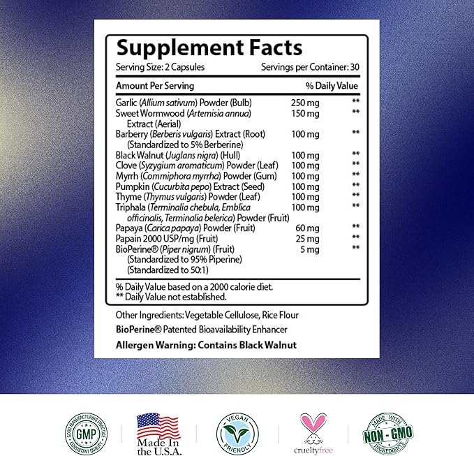 Research Verified Paraset - 120 Capsules - Natural Gut Health Enhancer - Garlic Bulb, Papain, Sweet Wormwood, Black Walnut, BioPerine - Vegan