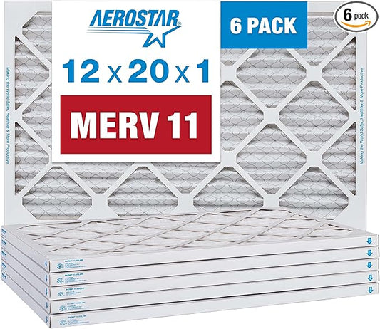 Aerostar 12x20x1 MERV 11-6 Count - Pleated Furnace & Air Conditioner Filters - Removes Dust, Cold & Flu Germs, Lint, Mold, Pet Dander, Allergy-Causing Pollen, Smog & Smoke