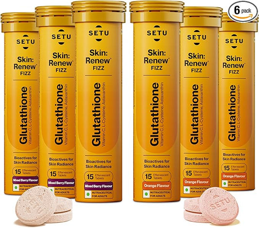 SETU Glutathione Effervescent Tablets with 500mg L-Glutathione & Vitamin C | Sugar-Free Antioxidant Supplement | Mixed Berry & Orange (Pack of 6) | 90 Tablets