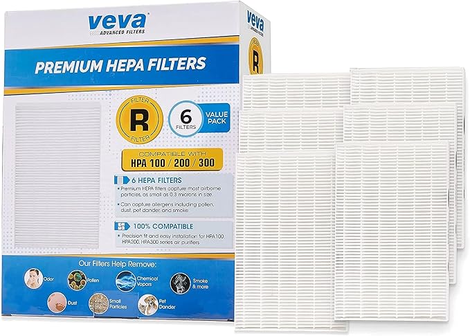 VEVA HEPA Filter Replacement 6 Pack - Compatible w/Honeywell Air Purifier Series HPA090, HPA100, HPA200, HPA250 & HPA300