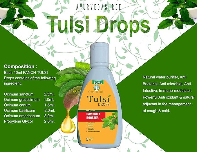 Tulsi Drops Natural Immunity Booster 30 ML Pack - Certified 5 Different Rare Tulsi, Holy Basil Drops 30 ML